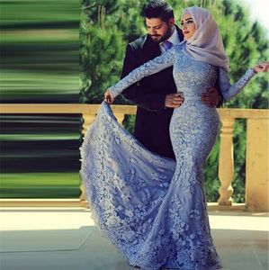 Muzułmańskie suknie wieczorowe z długimi rękawami Koronki Aplikacja Hidżab Dubaj Kaftan Dress Mermaid Suknie wieczorowe Vestido de Renda Vestidos de Fest D042