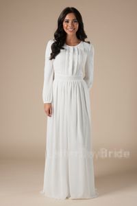 Nya vintage chiffongtemple brudklänningar med långa ärmar a-line golvlängd blygsam lds bröllopsklänningar ärmade skräddarsydda