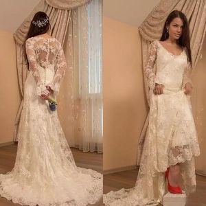 Bohemian 2017 elegante laço completo vestidos de casamento de sereia com ilusão mangas compridas back botões coberto de longos vestidos de noiva personalizados EN11107