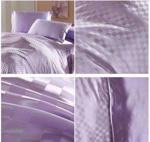 Partihandel-Luxury Light Purple Lilac Plaid Silk Bedding Set Queen King Size Duvet Cover Bedspread Bed i en Bag Sheets Bedroom Quilt Linne