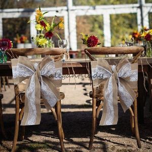 240 x 15 cm spets bowknot burlap stol sashes naturlig hessian jute linne rustik stol täcke slips bowknot för bröllopsstol dekor DIY hantverk