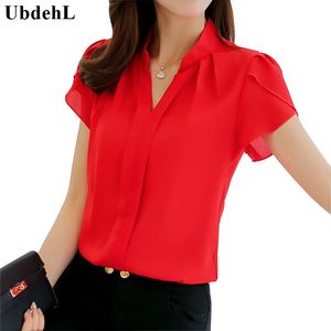 Hurtownia-Ubdehl Marka Kobiety Bluzka Bluzka Koszula Z Krótkim Rękawem V Neck Biały Czerwony Różowy Niebieski Lato Jesień Kobiet Odzież Koreański Wear Wear Tops