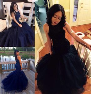 Navy Blue Evening Dresses Plus Size High Neck Mermaid Style Heavy Beads Evening Dresses Wear Puffy Arabic Prom Gowns New Arrival