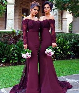 Burgundy Långärmade Brudtärna Klänningar För Bröllop Lace Mermaid Långärmad Mermaid Main of Honor Gowns Bröllop Gästformulär Klänning 2019