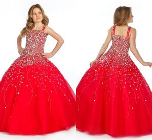 2020 Vintage Księżniczka Czerwony Ciężko Frezowanie Długość Podłoga Suknia Balowa Dzieci Prom Pagewne Suknie Dla Toddler Girls Glitz Pageant Dresses HY1281