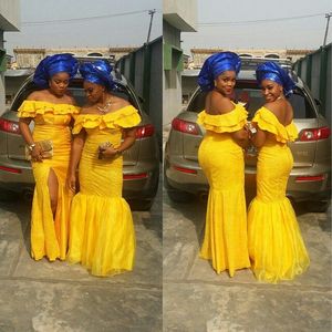 Aso Ebi bellanaija Bridesmaid Dresses Mermaid Evening Dresses Side Slit Off Shoulder Neckline Cascading Ruffles Nigerian Party Dresses cheap