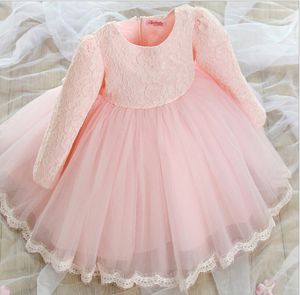 2016春の赤ちゃんガールズレースドレス長袖子供王女ドレスピンクホワイトガールズウエディングドレスビッグボウキッズパーティーチュチュスカート