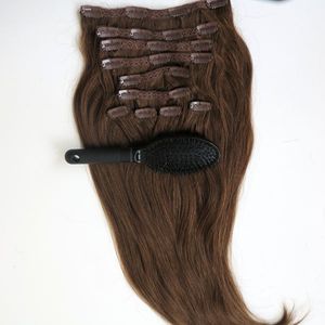 160g 20 22 inç Brezilyalı Klip saç Uzatma 100% humann saç 6 # / Orta Kahverengi Remy Düz Saç örgüleri 10 adet / takım ücretsiz tarak