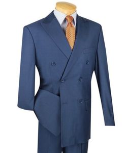 패션 클래식 블루 옷깃 더블 브레스트 6 버클 남자 턱시도 이브닝 가운 및 남성 비즈니스 정장 2 (자켓 + 바지) 사용자 정의