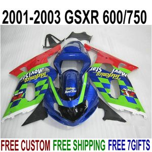 Free shipping fairing kit for SUZUKI GSXR600 GSXR750 2001-2003 K1 GSX-R 600/750 01 02 03 blue green Movistar plastic fairings set XA97