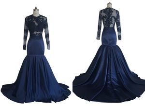 Marineblaues Meerjungfrau-Günstiges Abendkleid mit Illusions-Langärmeln Durchsichtig 2020 Satin-Spitze Günstige Abschlussball-Festzug-Partykleider Kleider
