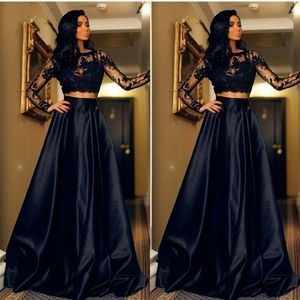 Modest 2017 Black Two Pieces Formal Dresses Party Evening Wear Cheap Illusion Long Sleeve Satin SKirt Evening Gowns Custom Made EN102814