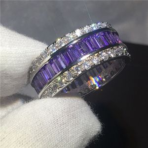 Fashion ring Full princess cut 15ct Purple zircon stone White gold filled Anniversary wedding band rings for women men Bijoux