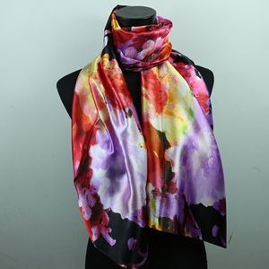 9STYLES Lavendel Röd Svart Lilja Blomma Halsdukar Dammode Satin Oljemålning Lång omlott Sjal Strand Sidenscarf 160X50cm S82-s90