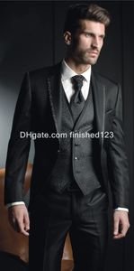 Hot Sale Slim Fit One Button Black Groom Tuxedos Notch Lapel Groomsmen Best Man Mens Wedding Suits (Jacket+Pants+Vest+Tie) G963