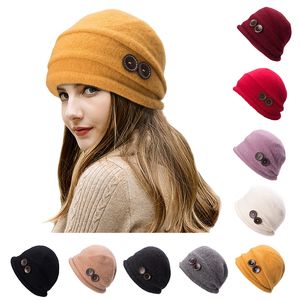 Gorro casual unissex com botões de caveira, 100% lã de feltro, chapéu folgado, clássico, quente, protetores de orelha, gorro t178