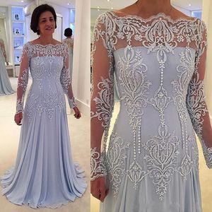 2020 Formell plusstorlek Mor av bruden Dresses Illusion Bateau Neck Lace Appliques Chiffon Långärmad Party Dress Wedding Guest Gowns