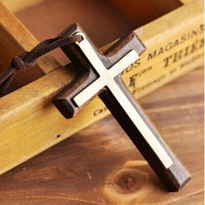 Double wooden cross pendant necklace vintage alloy leather cord sweater chain men women jewelry lovers stylish