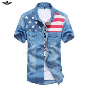 Letnia Moda Solidna Koszula z krótkim rękawem Flaga Mężczyzna Casual Fitness Camisa Jeans Masculina Turn-Dest Denim Koszula