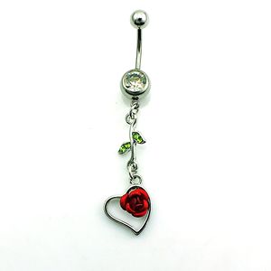 Newly Fashion Belly Button Rings Stainless Steel Dangle Green Rhinestone Heart Rose Navel Body Piercing Jewelry