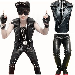 Punk Rock Yelek Erkek toptan satış-CooL Erkekler Gotik Punk Rock Deri Motosiklet Yelek Kolsuz Perçin Ceket Ceket ve Pantolon Şarkıcı Dansçı Performans Kostümleri
