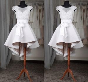 2018 Real Image White Short Homecoming Dresses Sheer Neck Cap Sleeves Appliques Lace Satin Custom Made High Low Prom Dresses Fast Shipping