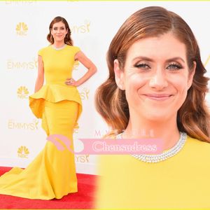 Wholesale emmy dress for sale - Group buy Kate Walsh th Emmy Awards Celebrity Dresses Crew Neck Yellow Satin Peplum Mermaid Sweep Train Prom Dresses Beading Evening Dresses EM4180