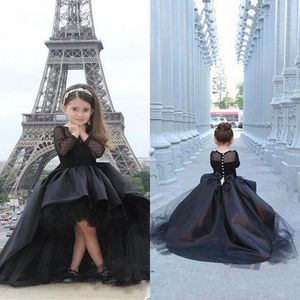 Черный Pageant платья для девочек высокий низкий с длинными рукавами девушки цветка платья малышей подростков Дети формальная одежда день рождения Причастие платья