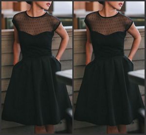 2020 New Little Black Cocktail Dresses Sheer Jewel Neck Dotted Tulle Short Knee Length Party Dress 2017 with Pockets Cheap High Quality 438