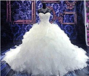 New Luxury frisada apliques vestido de noiva princesa vestido querido espartilho catedral de organza / igreja vestido de baile vestidos de casamento barato