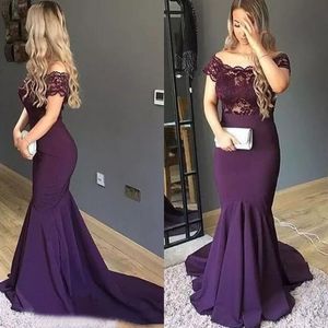 Hot Sale 2017 Dark Purple Chiffon Off Shoulder Mermaid Evening Gowns Sexy Lace Long Formal Dresses Party Evening Wear Custom Made EN110315