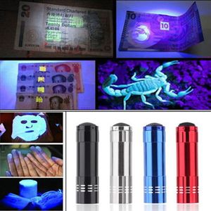 미니 9 LED 자외선 손전등 자외선 하이킹 횃불 울트라 바이올렛 머니 감지 LED 무료 UV 램프 라이트 박스 DHL 배송