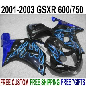 ABS-Motorradverkleidungsset für Suzuki GSXR600 GSXR750 2001 2002 2003 K1 blaue Flammen in schwarzem Verkleidungsset GSX-R600/750 01-03 RA51
