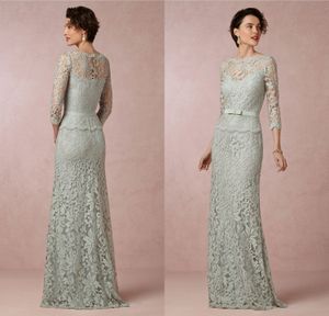 2016 Fashion Sage Moder av bruden Klänningar Sexig Sheer Jewel-Neck Elegant 3/4 Långärmad mantel Motor Off Groom Klänning Golvlängd