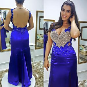 Requintado Azul Vestidos de Noite Profunda V Pescoço Sem Encosto Longo Formal Até O Chão Vestidos de Baile com Contas Apliques de Pérolas Cortar Cintura Divisão