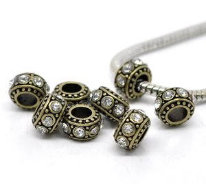 Atacado-10 Bronze Tone Clear Rhinestone Europeu Spacer Beads 11x5.8mm Mais de $ 120 grátis Express