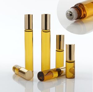 Portable 10ml Mini Roll på glasögon Flaskor Fragrance Perfume Amber Brown Tjock Glas Essential Oljeflaska Stål Metall Roller Ball B813