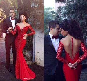 Arabic Red 2017 New Evening Dresses Long Sleeves Sexy Lace Mermaid Party Prom Gowns Sheer Neck Covered Button Back Vestidos de fie284H