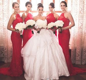 Halter Red Lace Bridesmaid Dresses Backless Mermaid Sahpe Floor Length Bridesmaid Dress Long See Through Custom Made Bridesmaid Gowns 2016