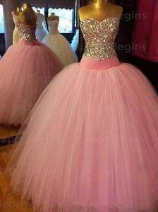 2015 Rosa Vestidos Quinceanera Bola Vestidos querido com Contas de Cristal Tulle Andar de comprimento doce QS11 16 Prom Debutante Vestidos