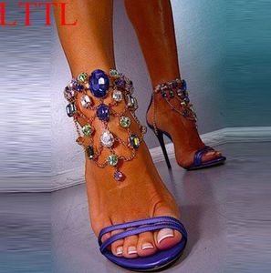 Sexy Women Multi Gem Crystal Pedant Chains Sandals Royal Blue Shiny Leather Stiletto High Heels Summer Rhinestones Party Sandals