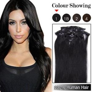 Commercio all'ingrosso - 7a 140 g / pz 8 pz / set # 1 getto nero 100% capelli umani / clip di capelli brasiliani in estensioni reale dritto piena testa di alta qualità