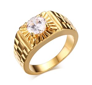 Vergulde heren roestvrij staal solitaire cz trouwring geribbelde horloge riem patroon band pink ring VS grootte # 7-11