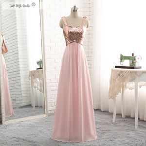 Sequined Pink Bridesmaid Dresses Chiffong Golv Längd Sweetheart Zipper Back Country Style Wedding Party Dress Gästklänningar Real Billiga