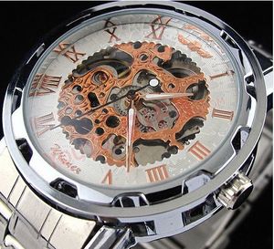 2022 NEW!Fashion Causl Sports Mens Full Steel Rose gold Skeleton Mechanical Hand Wind Watch WristWatch For Men