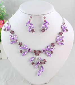 White Gold Plated Purple Austrian Rhinestone Crystal Necklace Earring jewelry Set