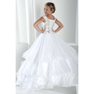 Tiered Tulle Crystal Long Girl's Pageant Vestidos Cap Sleeves Lace Up Back Princesa Flower Girls Dress Cheap Formal Party Gown345b