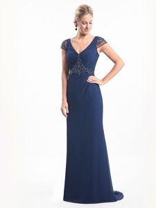 Stunning navy Blue Aline Chiffon Mother of the Bride Dresses V-Neck Cap Sleeves Backless Sparkling Beads Sequins Evening Gowns