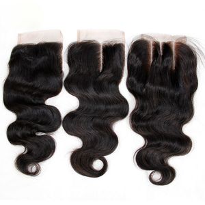 7a Billiga spetslås 4x4 Malaysisk Virgin Body Wave Mänskliga Hår Top Lace Stänger Stycken Gratis / Mellan / 3 Way Part Naturlig färgfärgbar