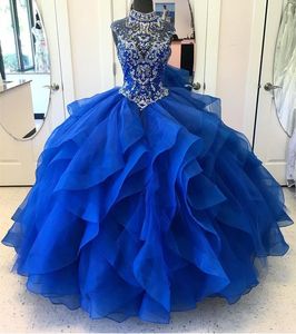 2019 Modest Quinceanera Dresses Ball Gown High Neck Floor Length Masquerade Dress Beads Bodice Vintage Long Prom Gowns Royal Blue Backless
